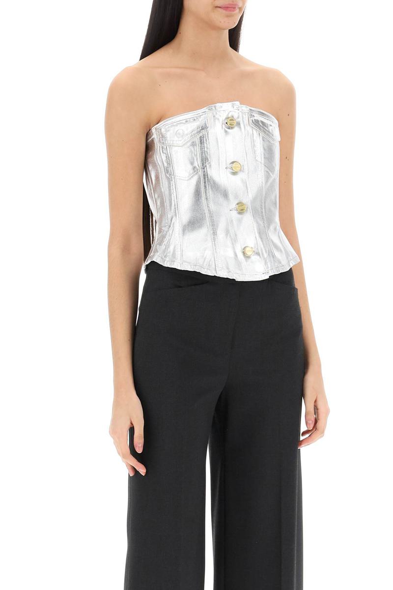 Shop Ganni Bustier Top In Foil Denim In Argento