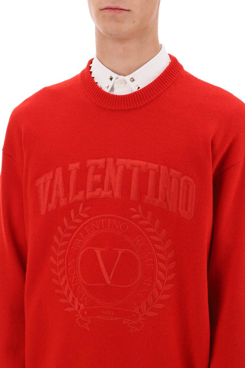 Shop Valentino Crew-neck Sweater With Maison  Embroidery In Rosso