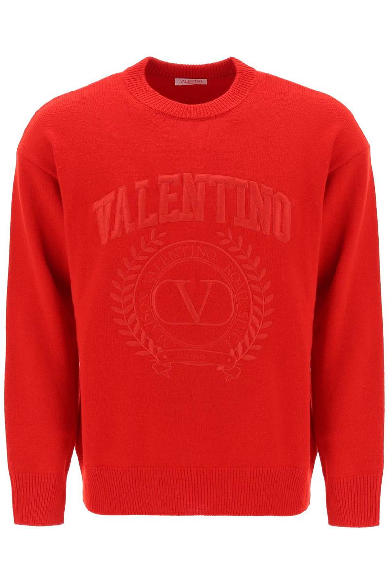 Shop Valentino Crew-neck Sweater With Maison  Embroidery In Rosso