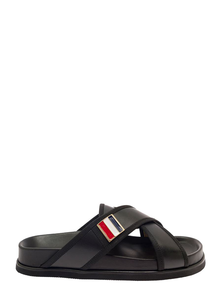 Shop Thom Browne Criss Cross Strap Sandals With Logo In Black Leather Man