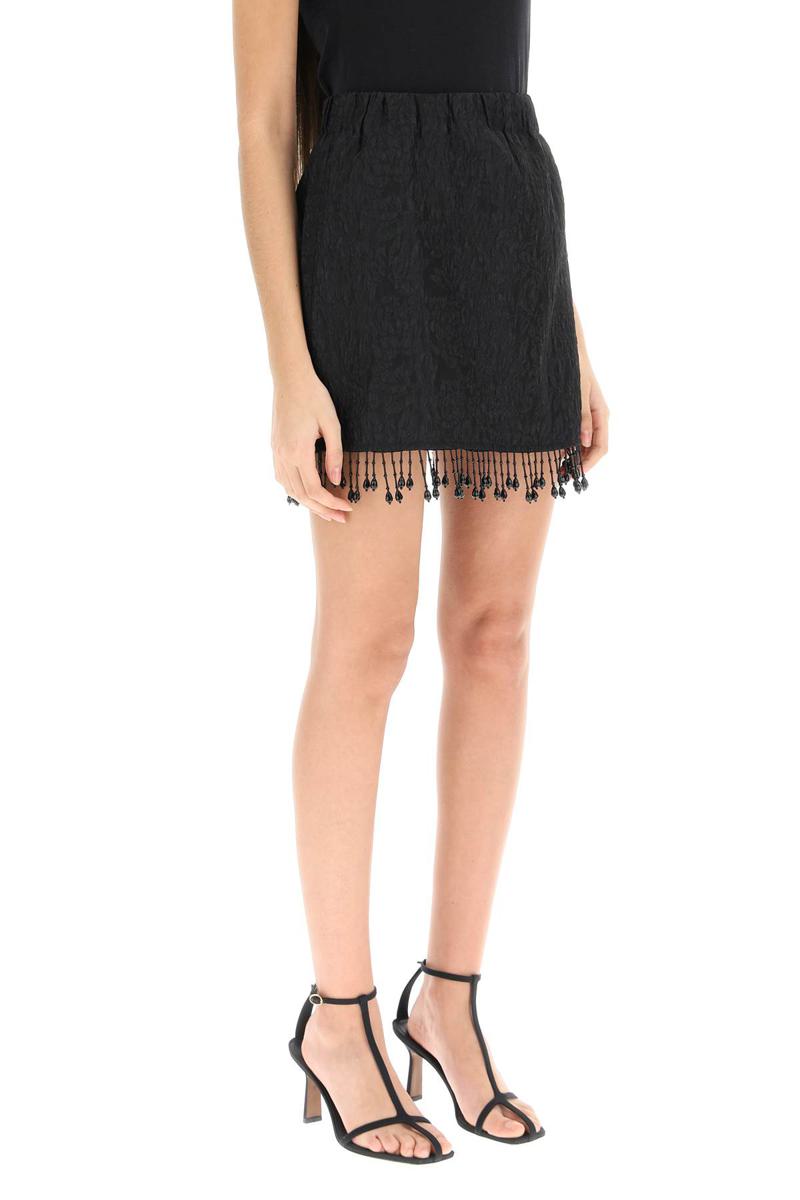 Shop Ganni Jacquard Mini Skirt With Bead Fringes In Nero