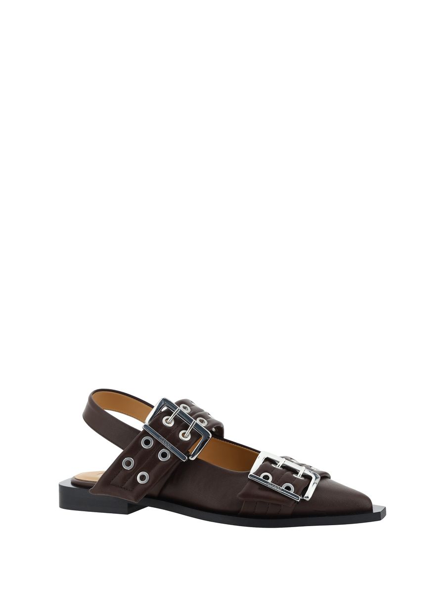 Shop Ganni Brown Leather Ballet Flats