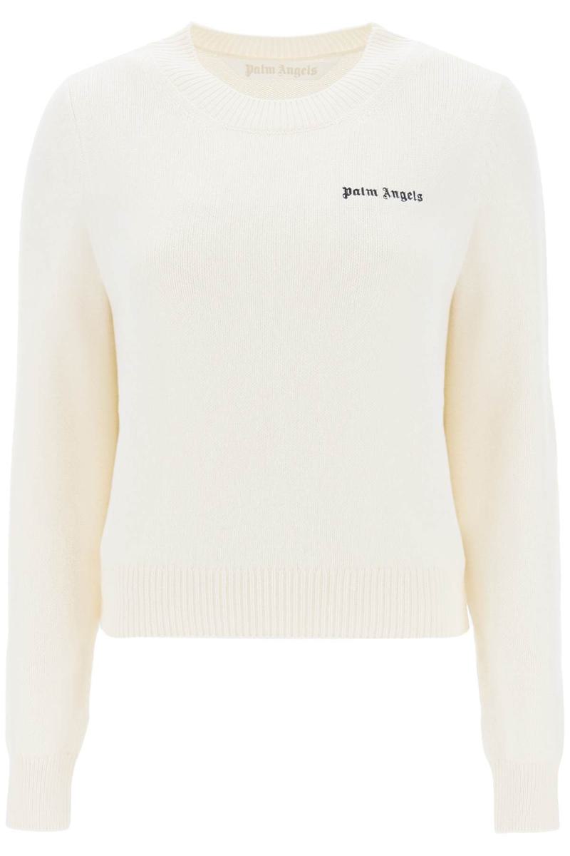 Shop Palm Angels Cropped Sweater With Logo Embroidery In Bianco