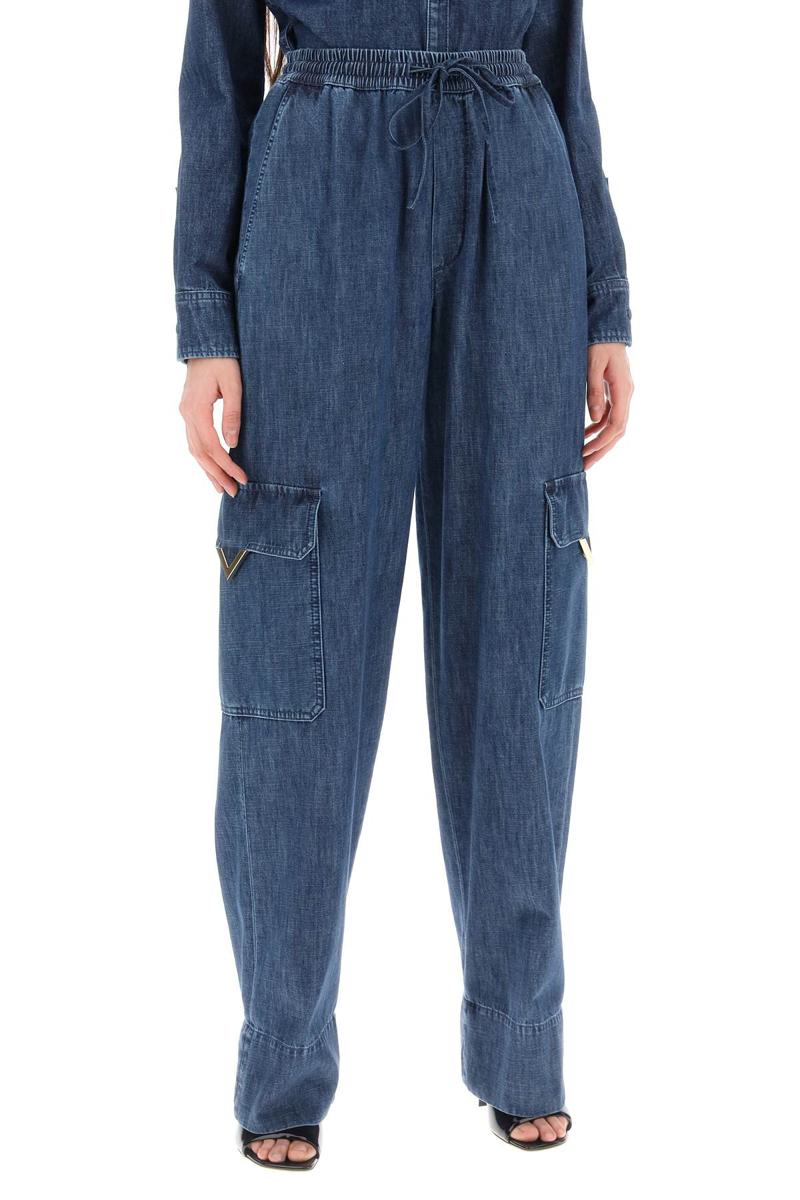 Shop Valentino Denim Chambray Cargo Jeans In Blu