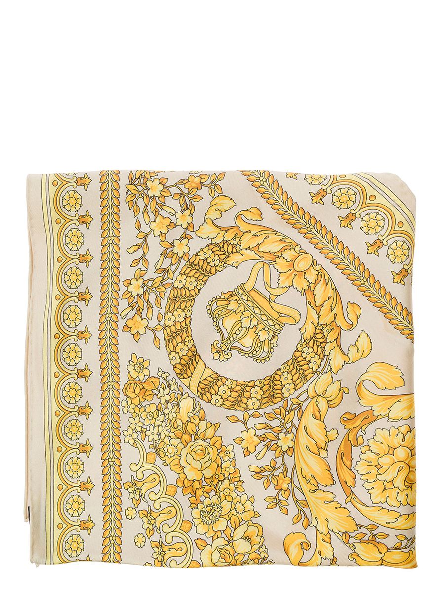 Shop Versace Yellow And White Scarf With Barocco Print And Medusa Detail In Silk Man In Gold