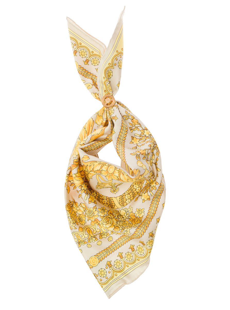 Shop Versace Yellow And White Scarf With Barocco Print And Medusa Detail In Silk Man In Gold