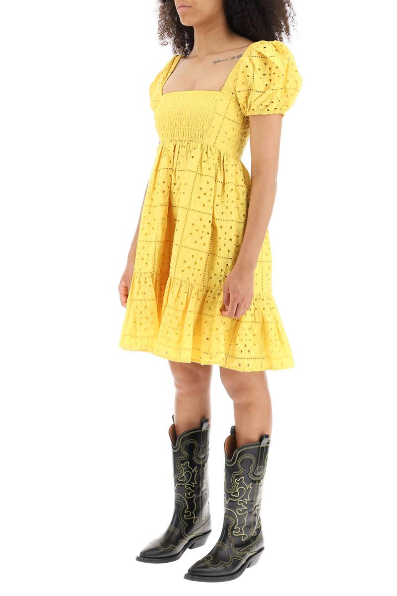 Shop Ganni Broderie Mini Dress In Giallo