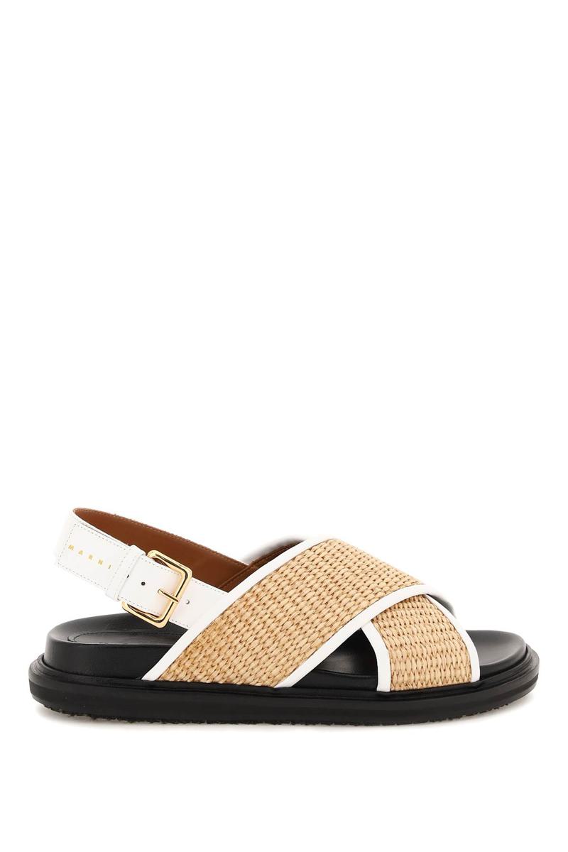 Shop Marni Leather And Raffia Fussbett Sandals In Beige