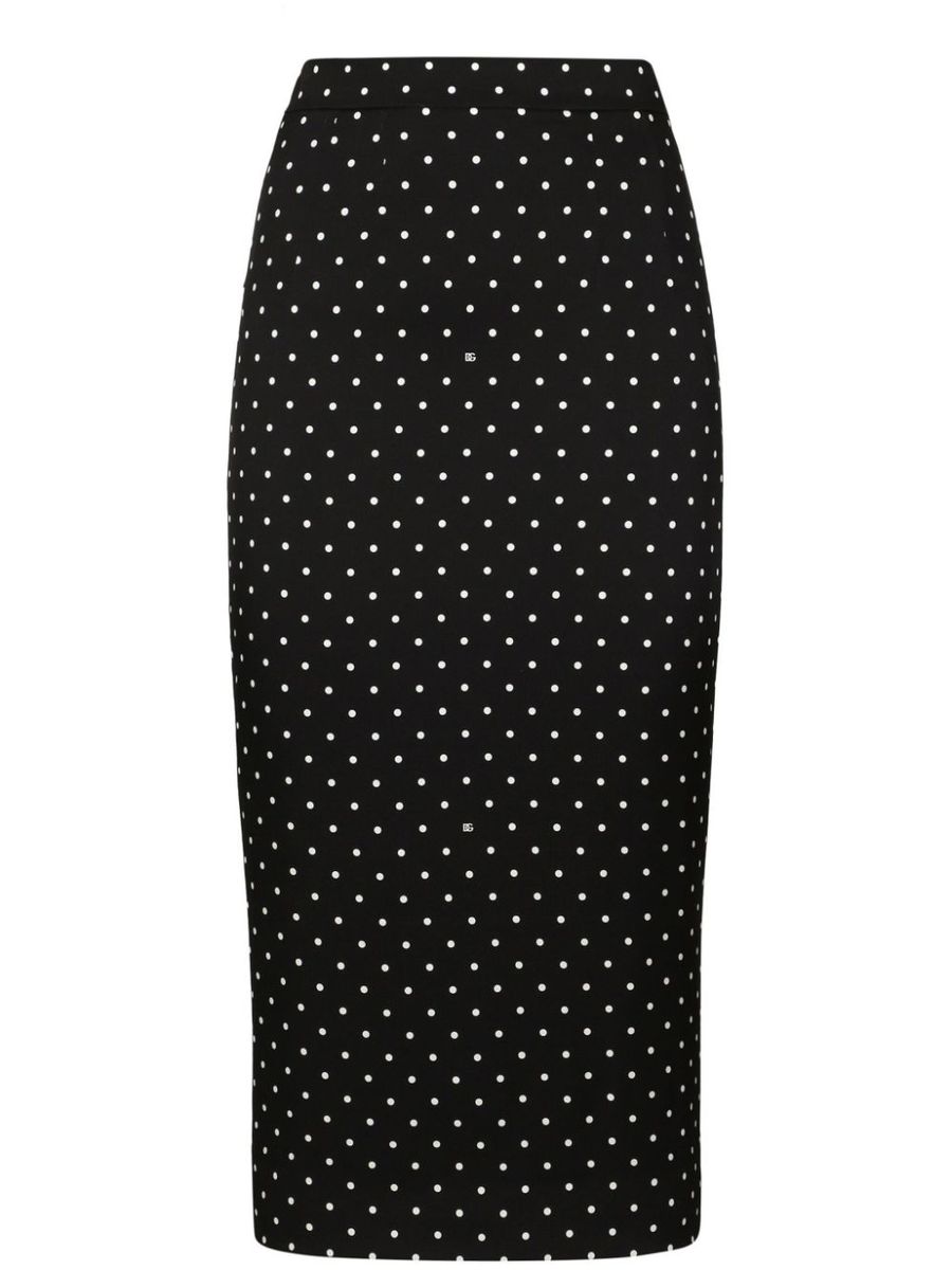 Shop Dolce & Gabbana Stretch Silk Midi Pencil Skirt With Polka Dot Print In Nero E Bianco