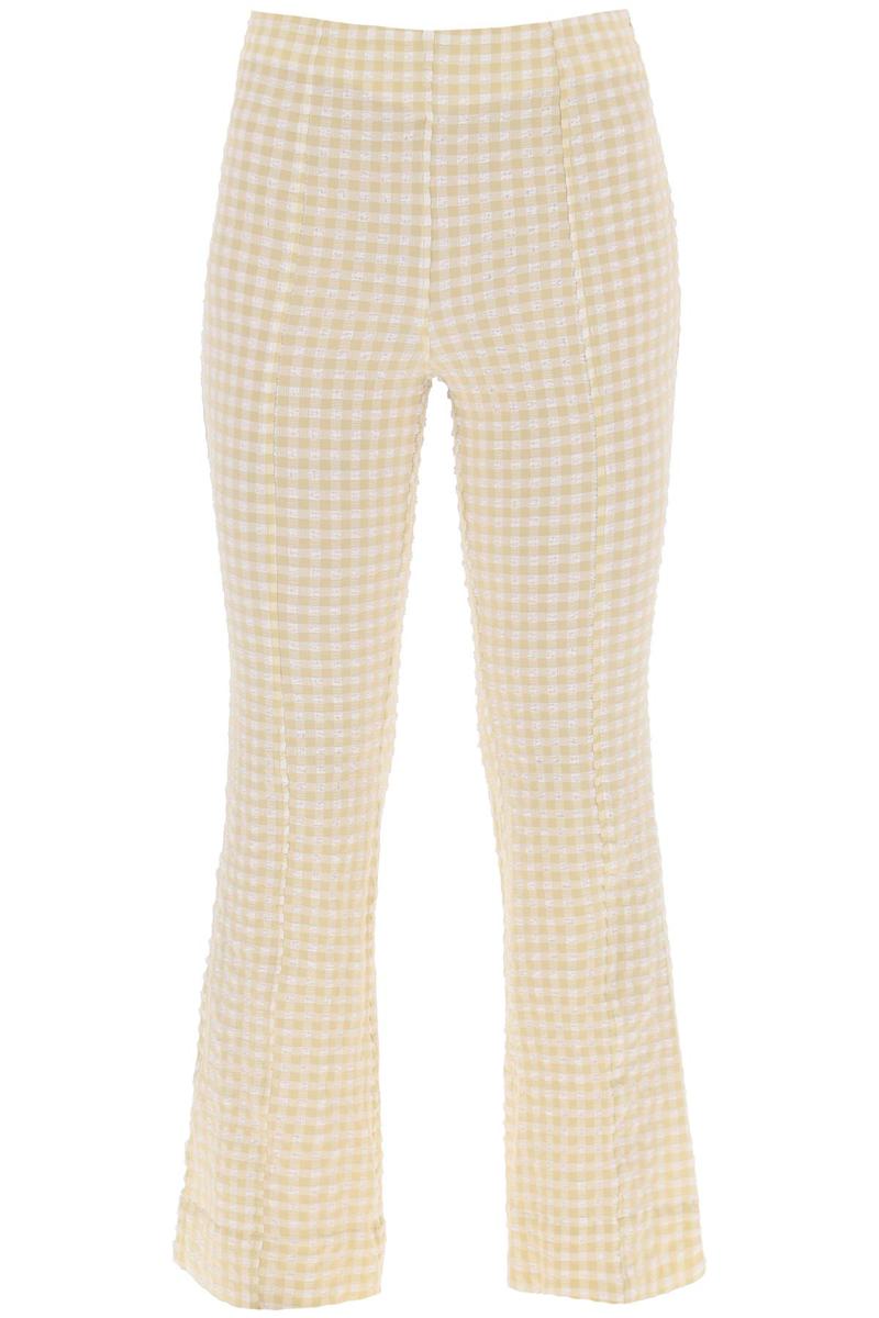 Shop Ganni Flared Pants With Gingham Motif In Beige