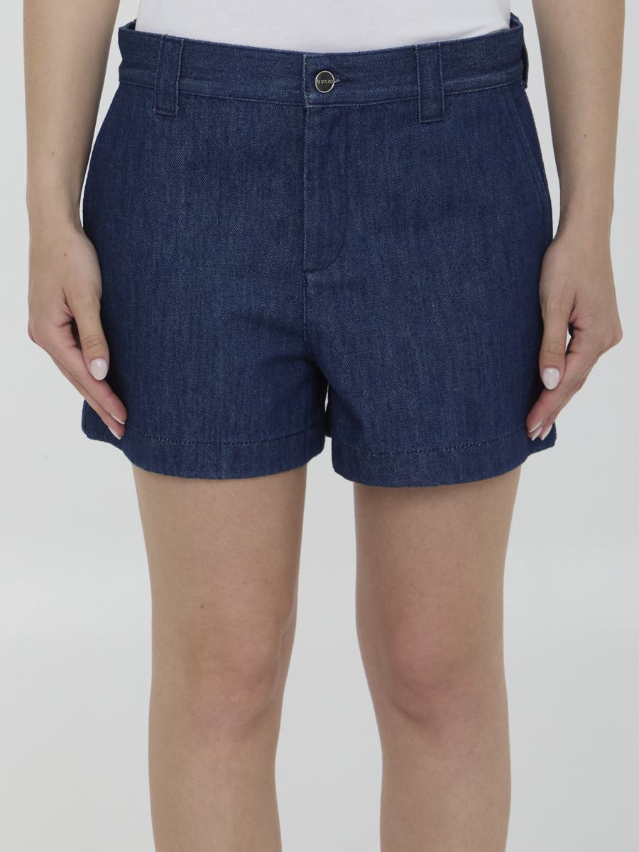 Shop Gucci Denim Shorts With Horsebit In Blue