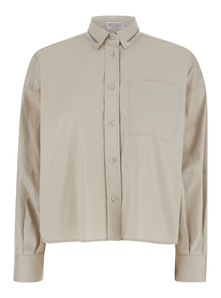 Shop Brunello Cucinelli Grey Crop Shirt With Monile Detail In Cotton Blend Woman