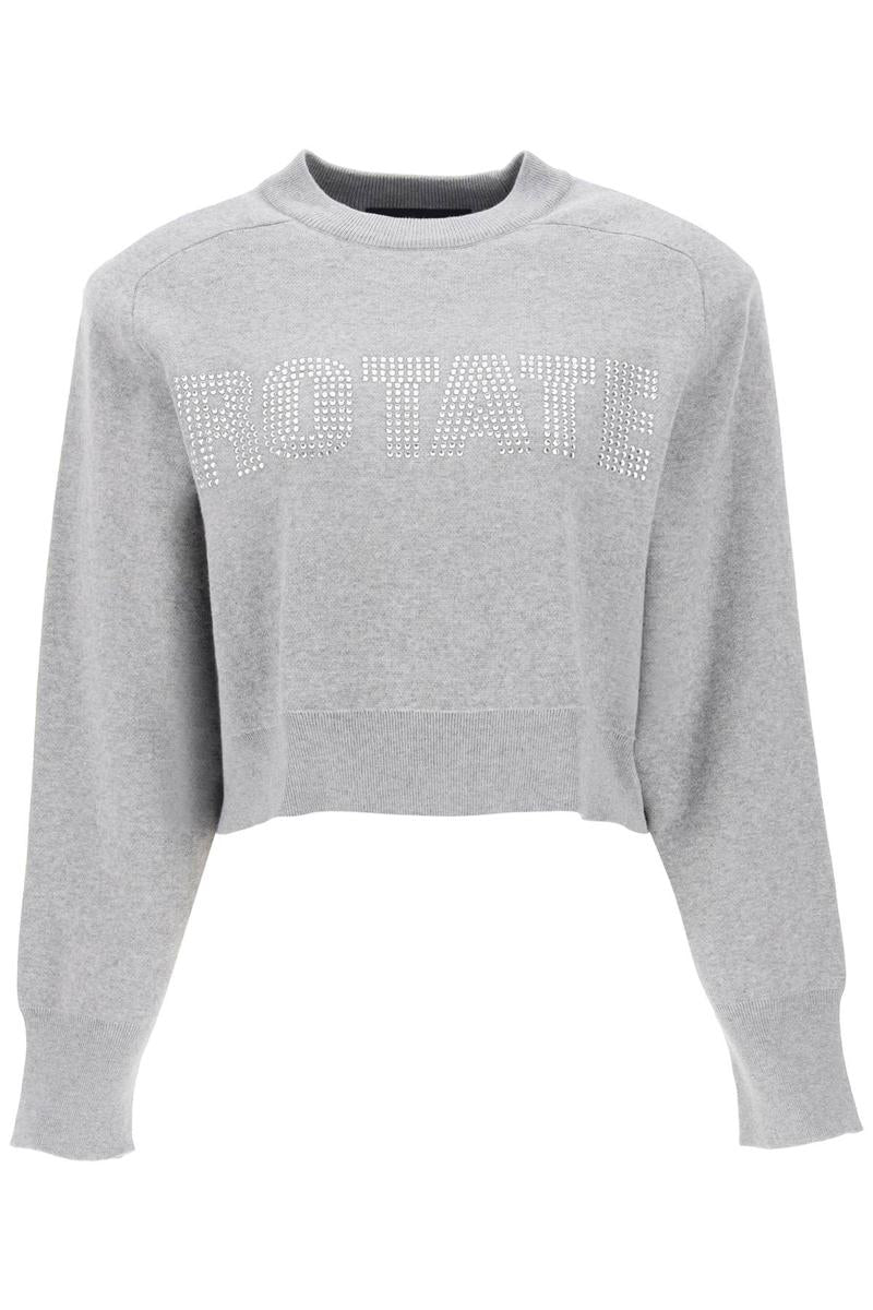 Shop Rotate Birger Christensen Cropped Sweater With Rhinestone-studded Logo In Grigio
