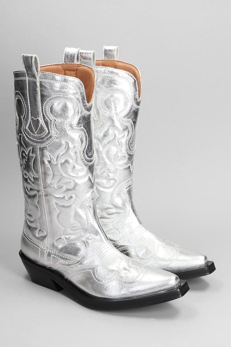 Shop Ganni Texan Boots In Silver