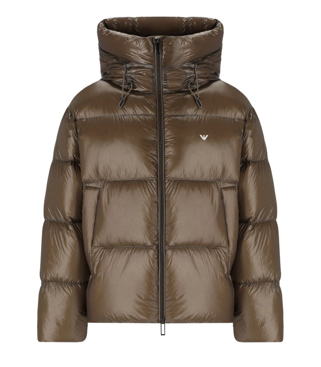 Shop Emporio Armani Brown Hooded Down Jacket With Logo