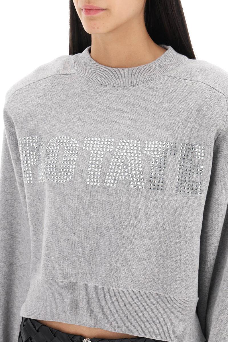 Shop Rotate Birger Christensen Cropped Sweater With Rhinestone-studded Logo In Grigio