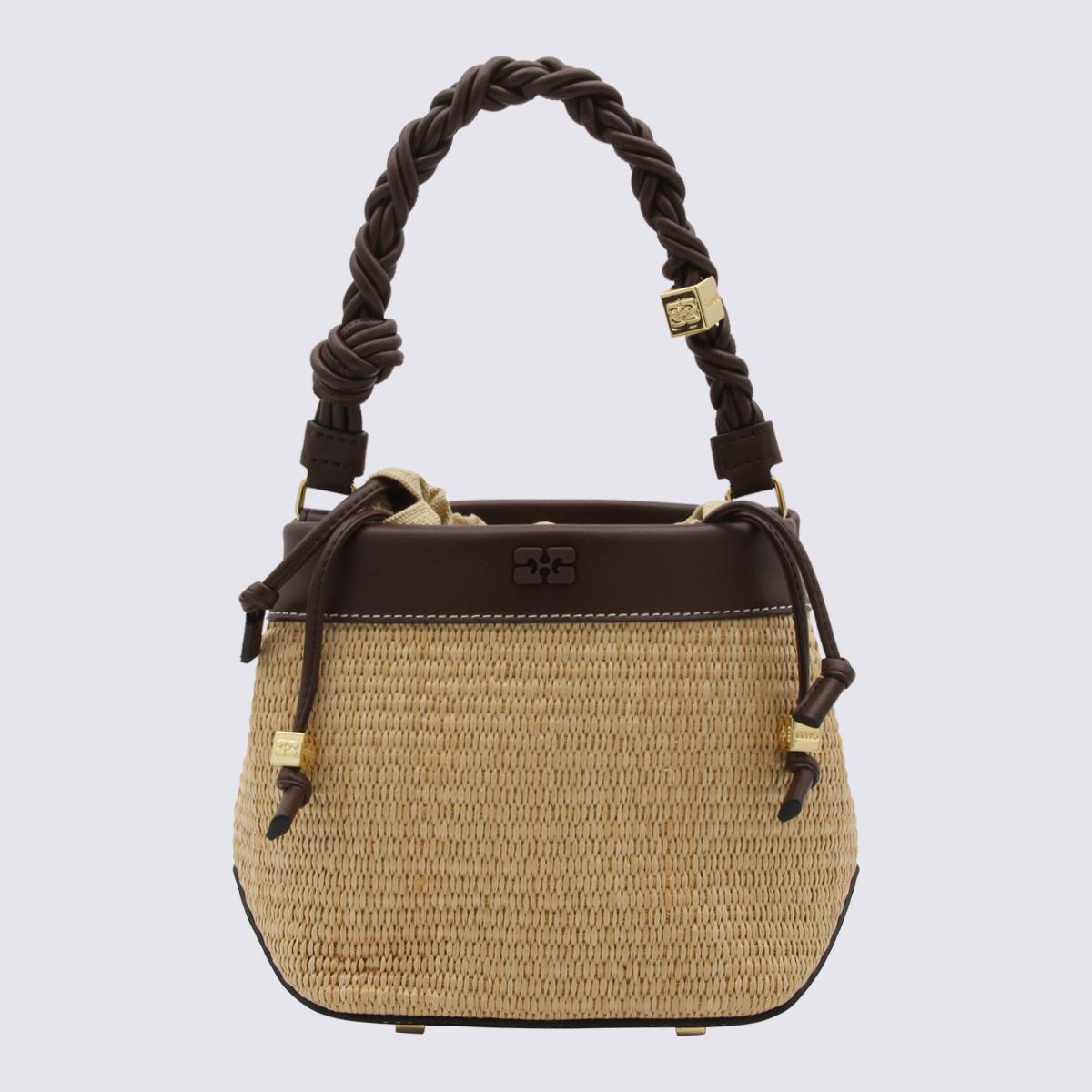 Shop Ganni Brown Bou Bucket Satchel In Beige