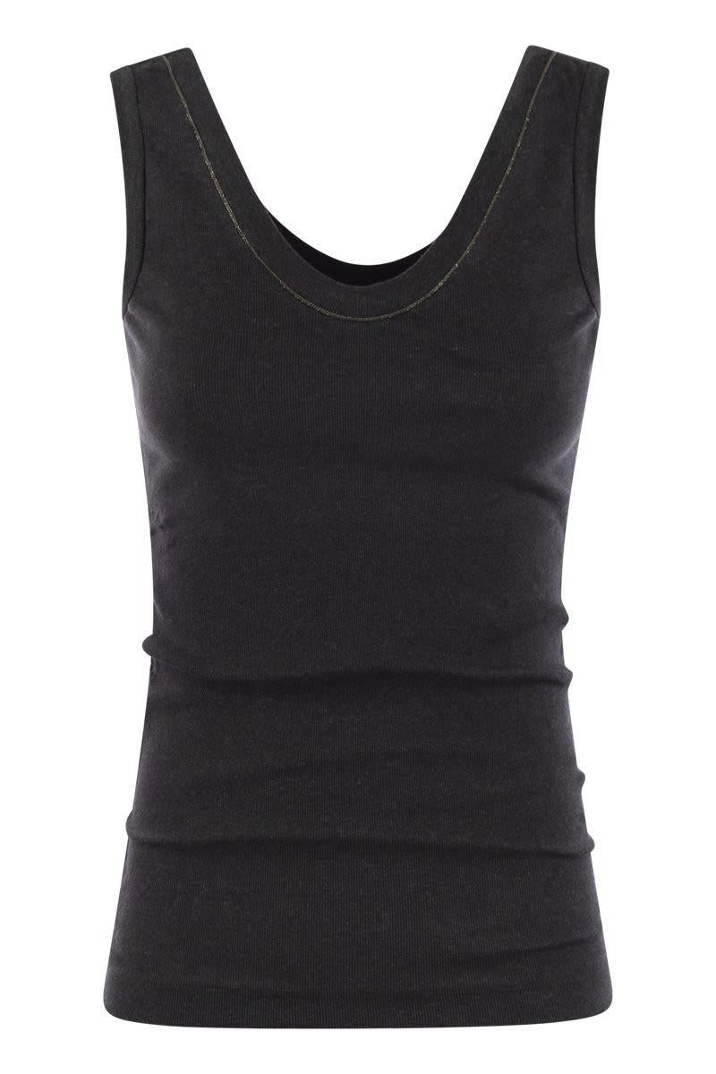 Brunello Cucinelli Ribbed Cotton Jersey Top With Shiny Neckline In Anthracite