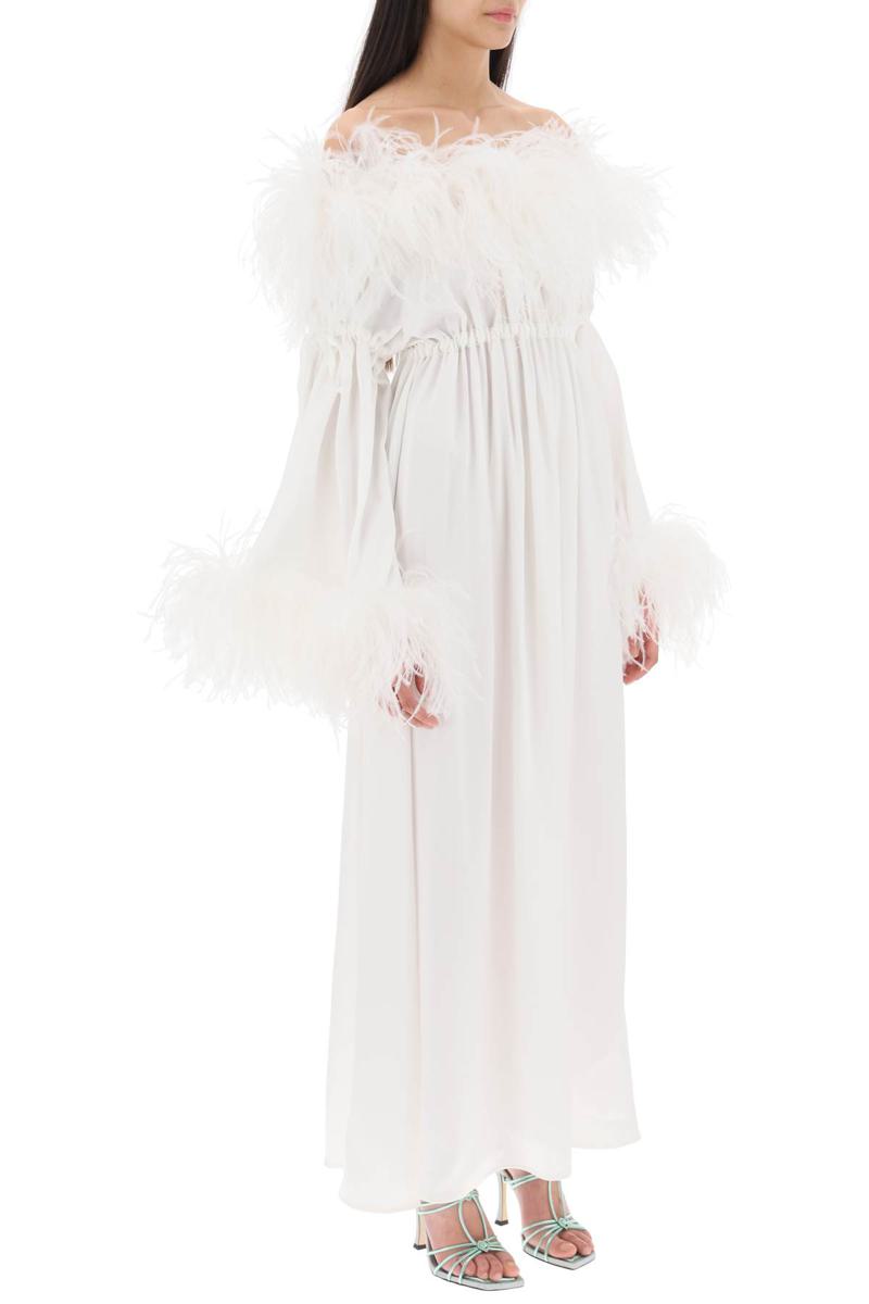 Shop Art Dealer 'bettina' Maxi Dress In Satin With Feathers In Bianco