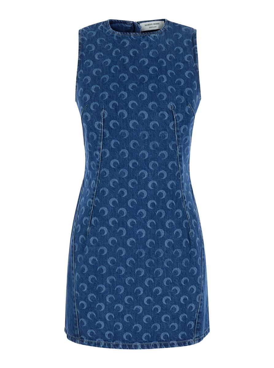 Shop Marine Serre Blue Mini Dress With 'crescent Moon' Print In Denim Woman