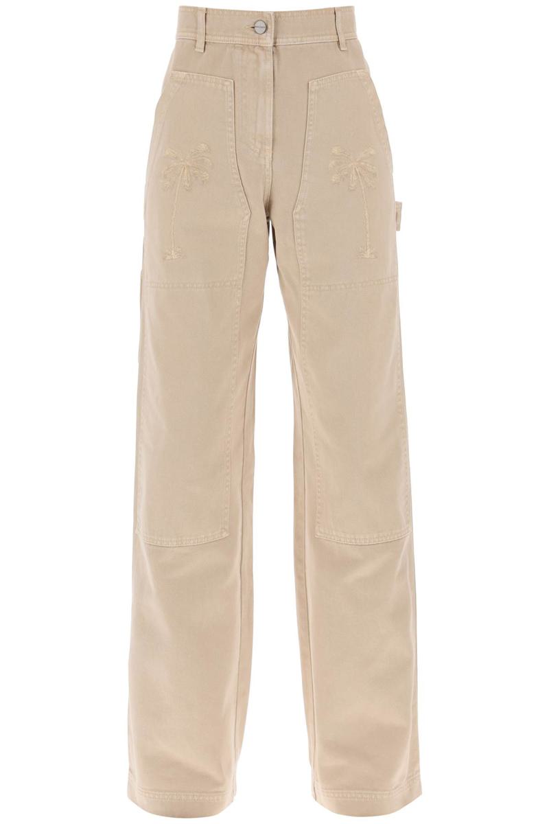 Shop Palm Angels 'gd Bull' Cargo Pants With Embroidered Palm Trees In Beige