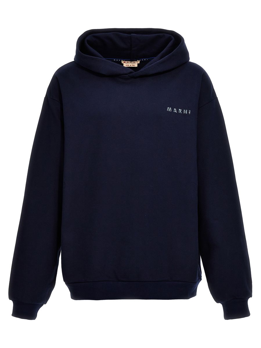 Marni Logo Print Hoodie In Blue