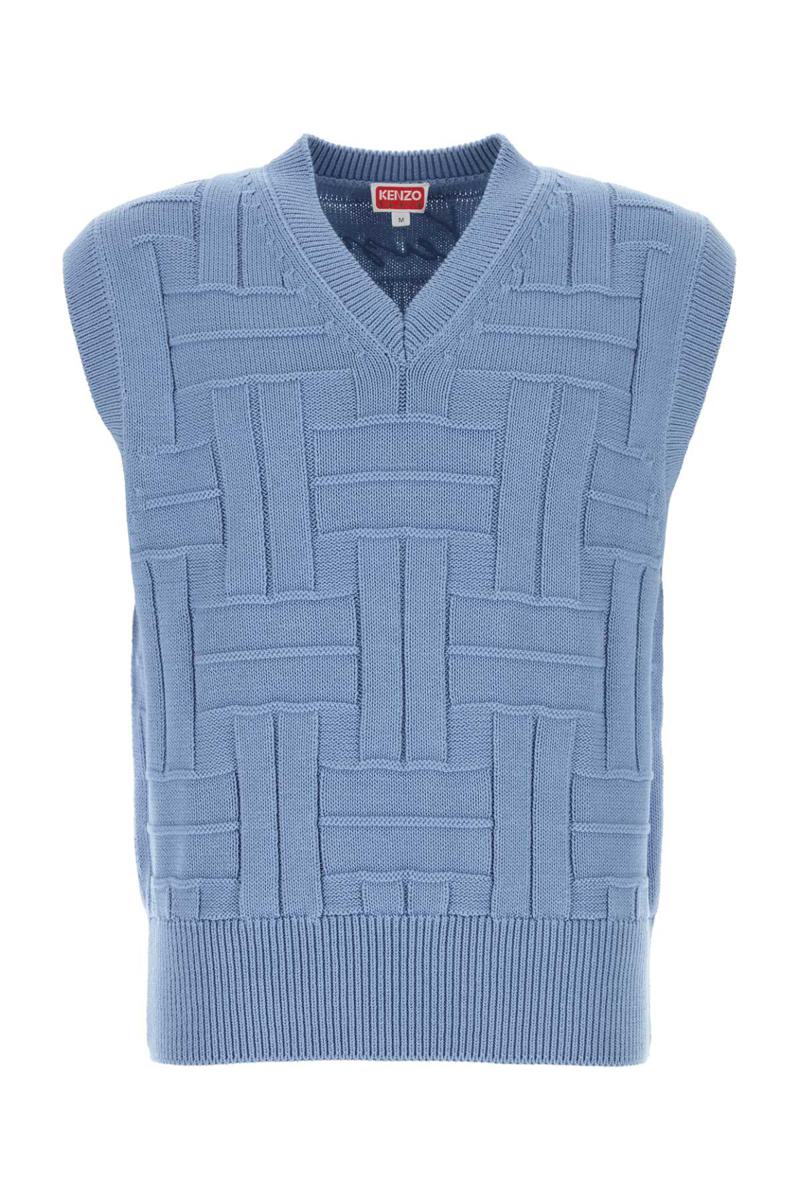 Kenzo Cotton Vest With Ribbed Hem And Textured Pattern In Blue