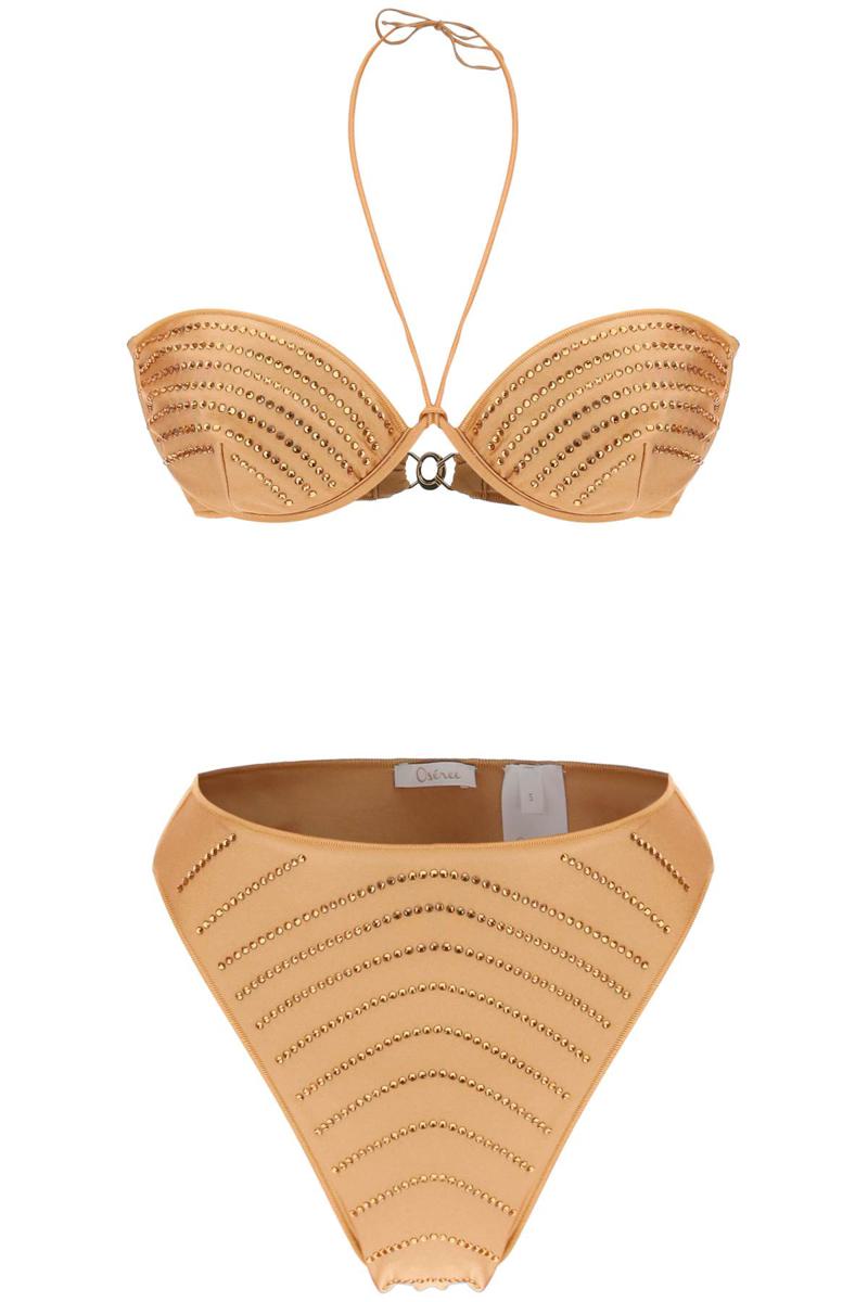 Shop Oseree Bikini Set With Rhinestones In Beige