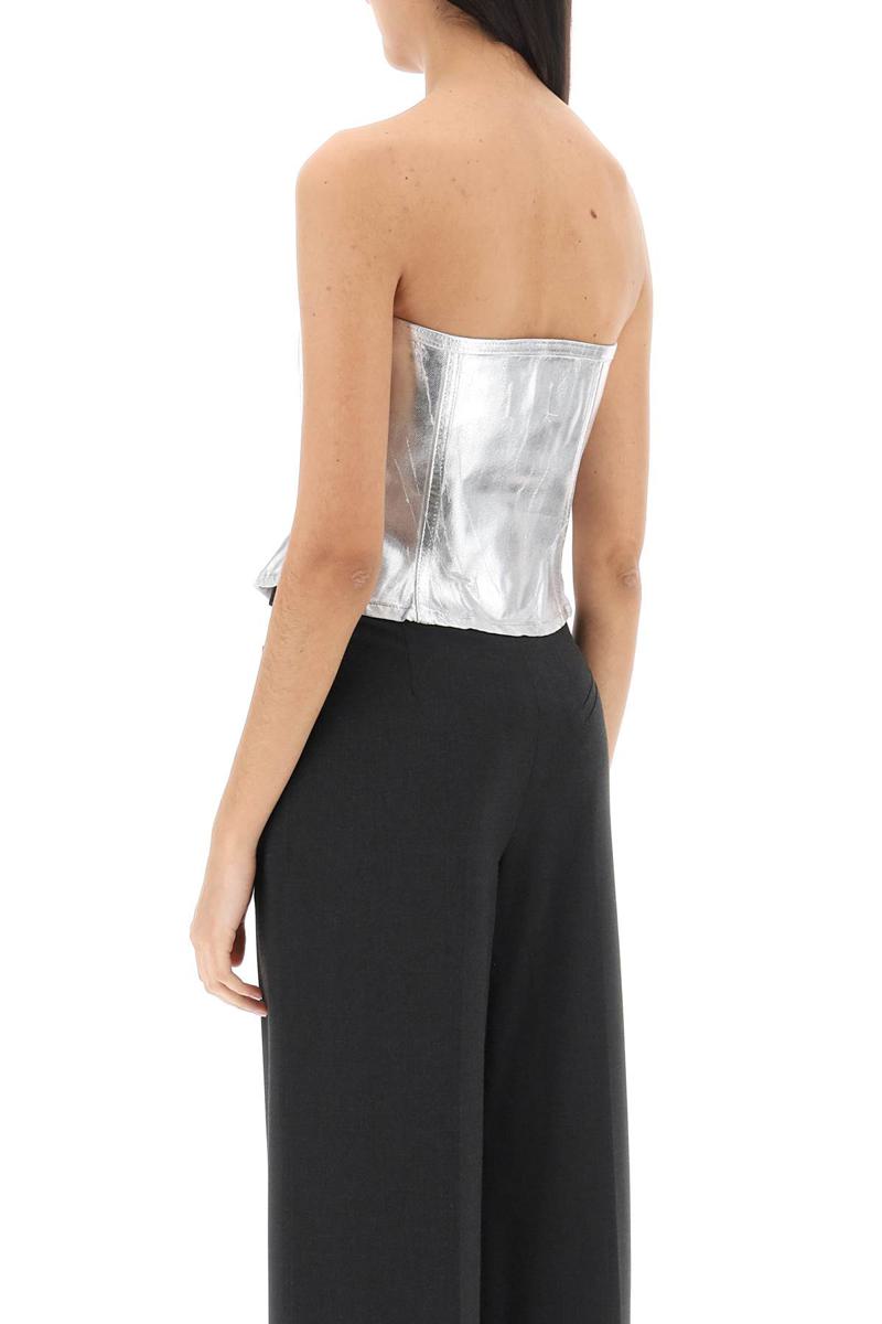 Shop Ganni Bustier Top In Foil Denim In Argento