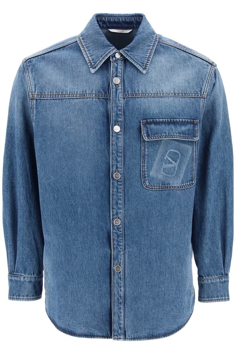 Shop Valentino Denim Overshirt With Stamped Vlogo Signature In Blu