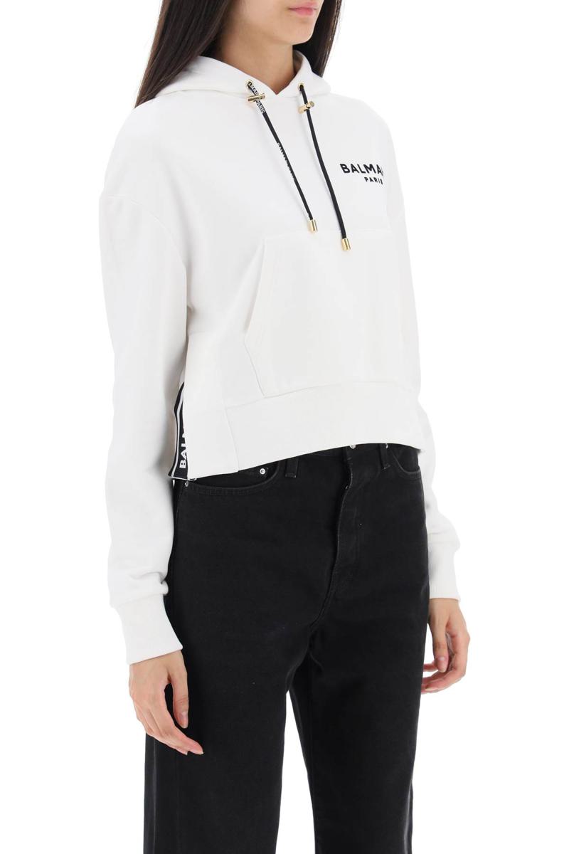 Shop Balmain Cropped Sweatshirt With Flocked Logo Print In Bianco