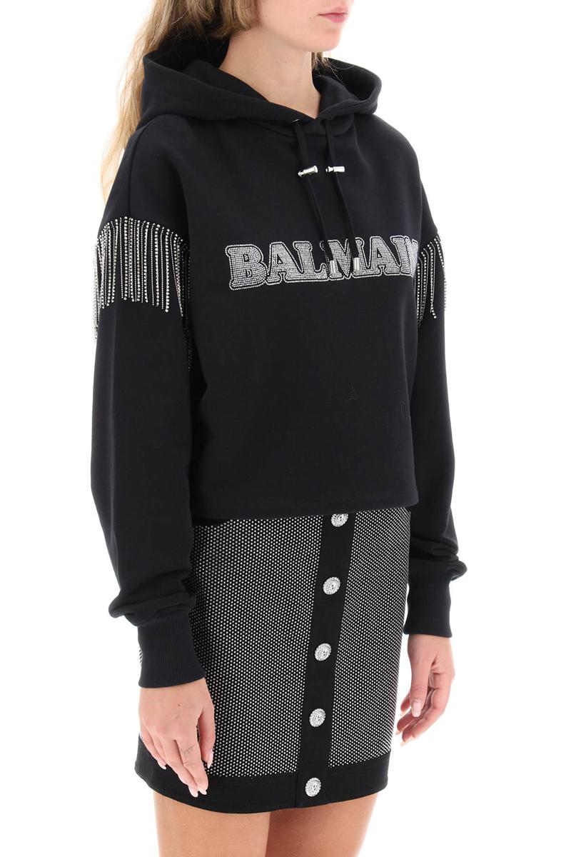 Shop Balmain Cropped Hoodie With Rhinestone-studded Logo And Crystal Cupchains In Nero