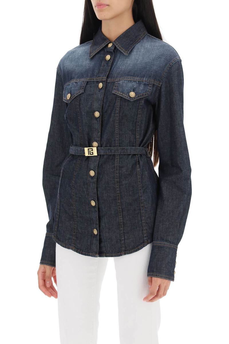 Shop Balmain Belted Denim Shirt In Blu