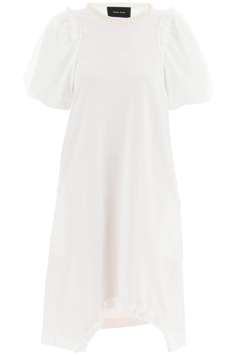 Shop Simone Rocha Cotton Dress With Tulle Sleeves And Pearls In Bianco