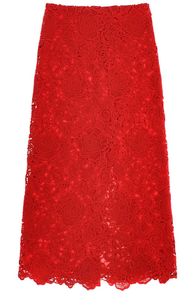 Shop Valentino Floral Guipure Lace Pencil Skirt In Rosso