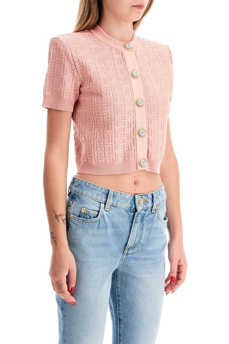 Shop Balmain Short Sleeve Monogram Cardigan In Rosa