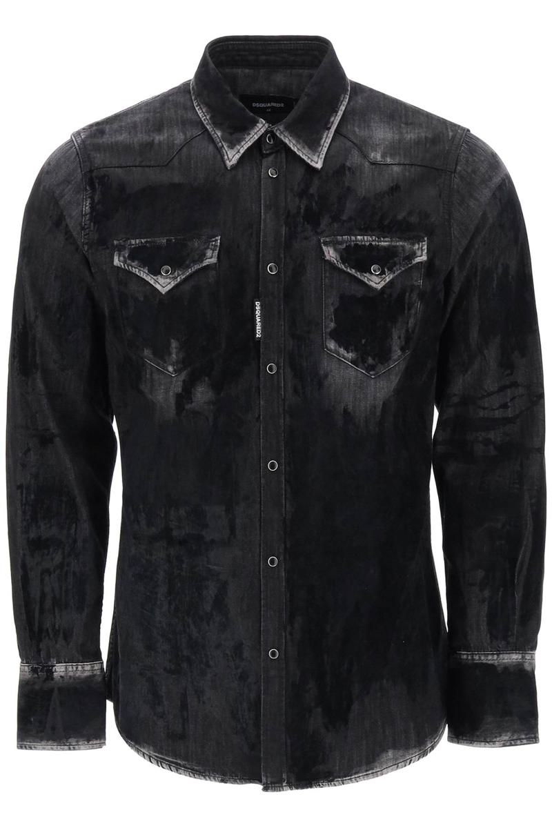 Shop Dsquared2 Flocked Denim Western Shirt In Nero