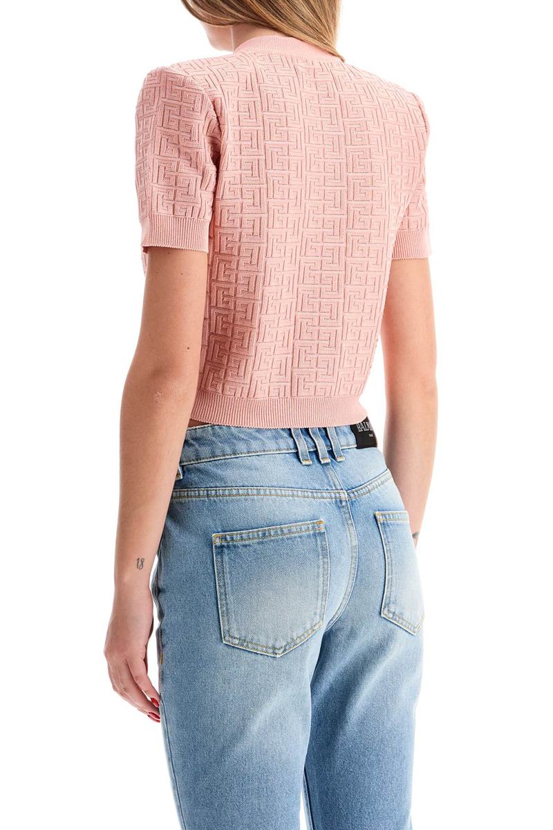 Shop Balmain Short Sleeve Monogram Cardigan In Rosa