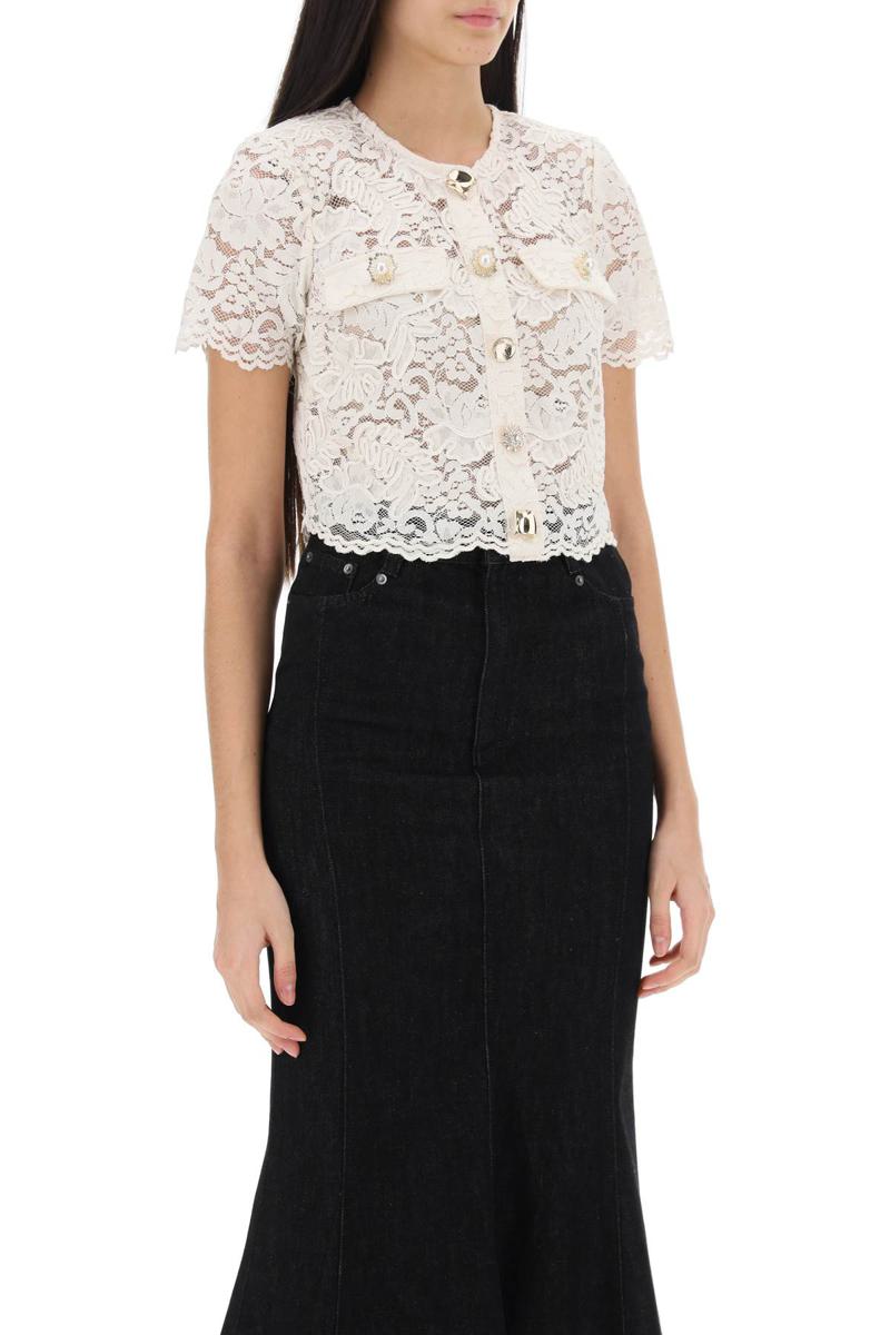 Shop Self-portrait Lace Cropped Top With Diamanté Buttons In Bianco