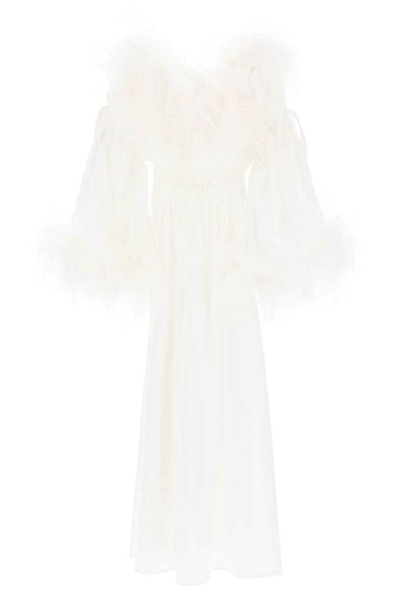 Shop Art Dealer 'bettina' Maxi Dress In Satin With Feathers In Bianco