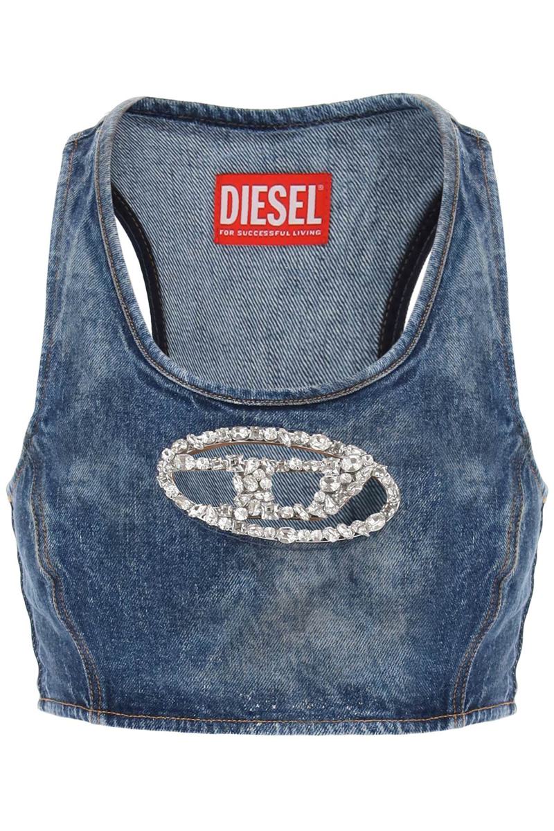 Shop Diesel Denim Crop Top With Jewel Buckle In Blu