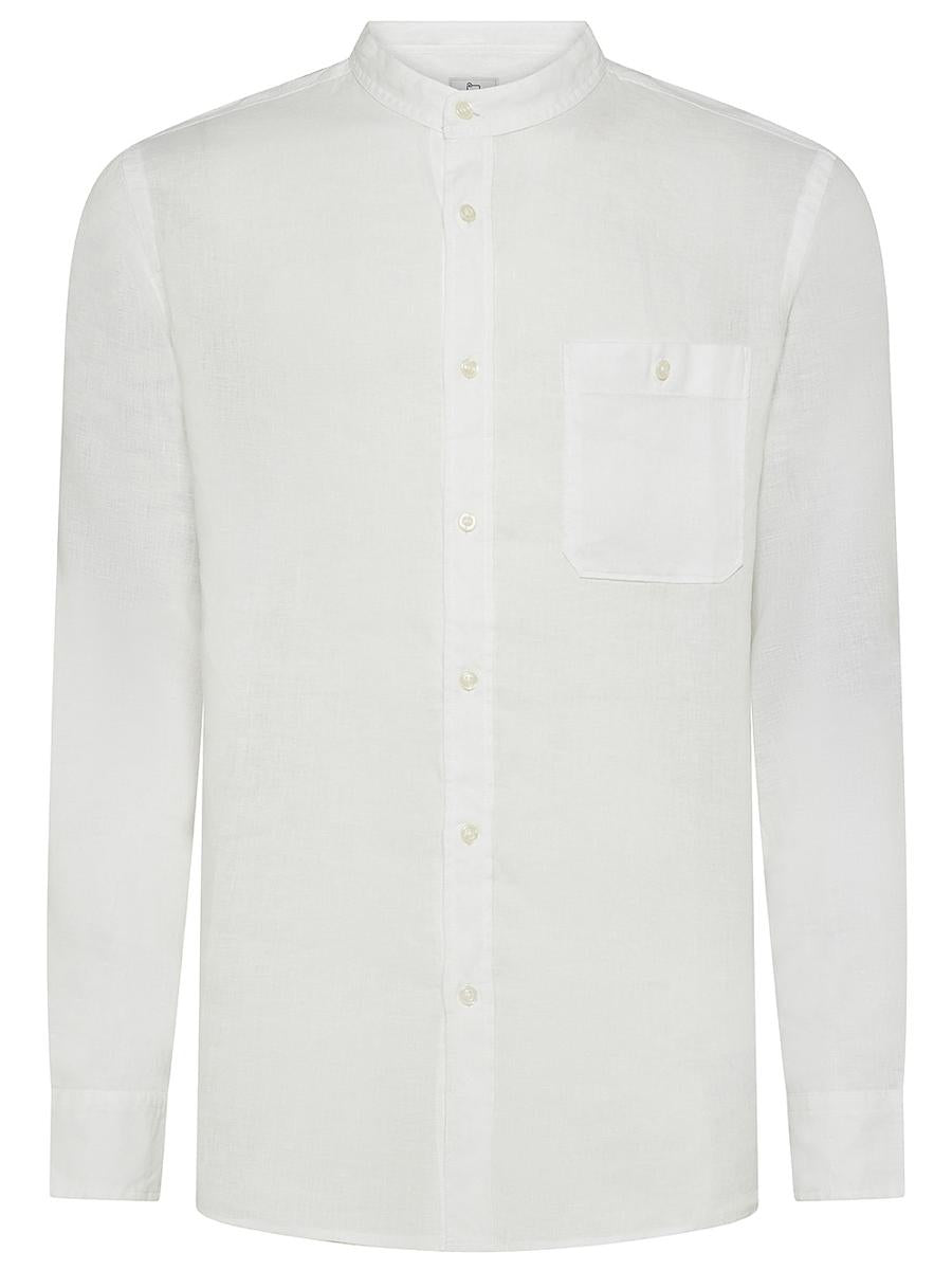 Shop Woolrich Linen Shirt With Mandarin Collar In White