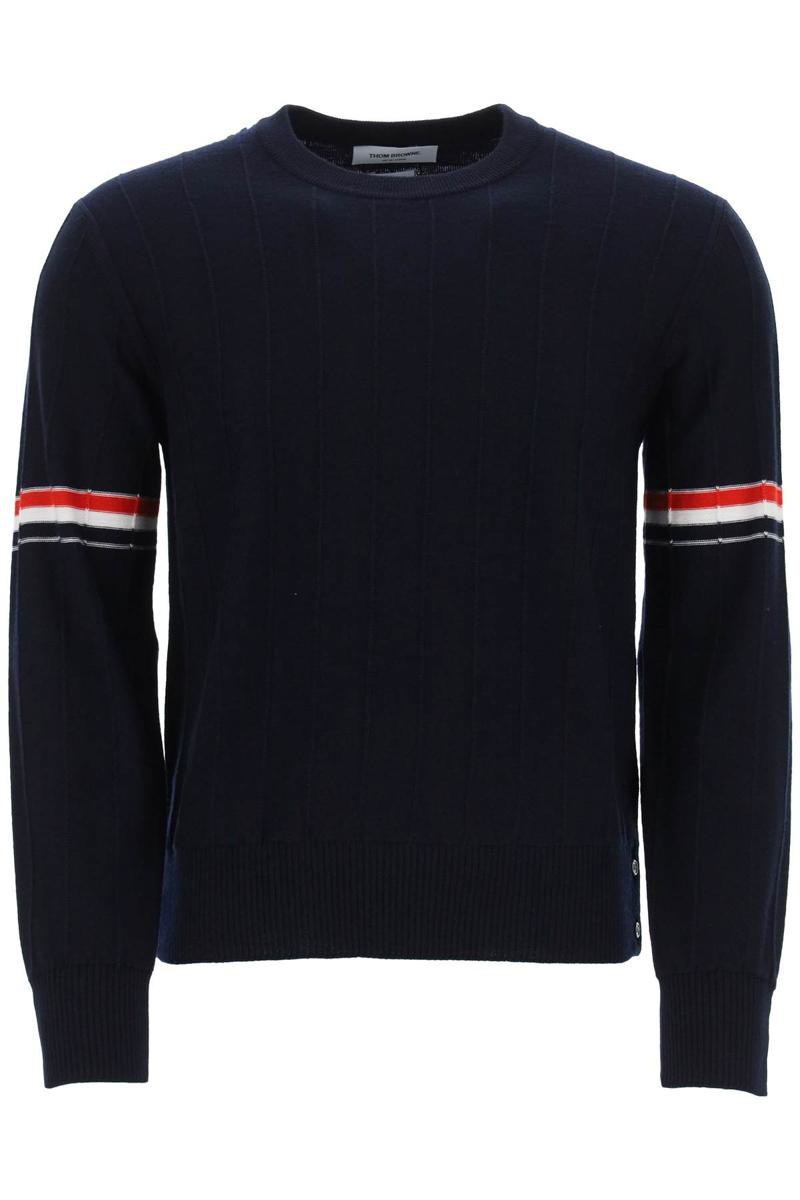 Shop Thom Browne Crew-neck Sweater With Tricolor Intarsia In Blu