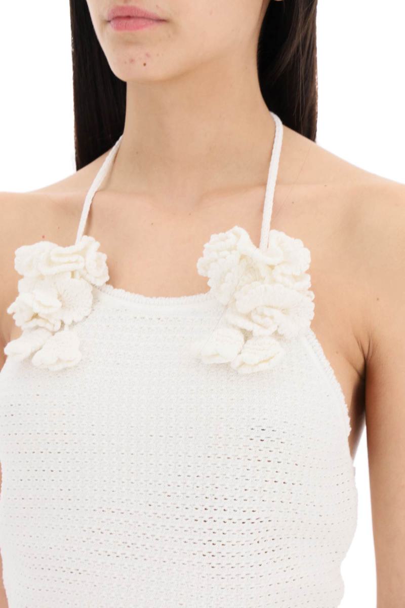 Shop Self-portrait "crochet Crop Top With Flower Details In Bianco