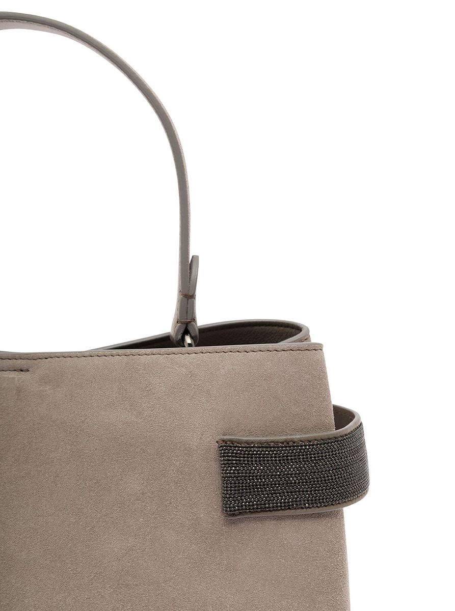 Shop Brunello Cucinelli Grey Crossbody Bag With Precious Bands In Leather Woman In Pietra Serena