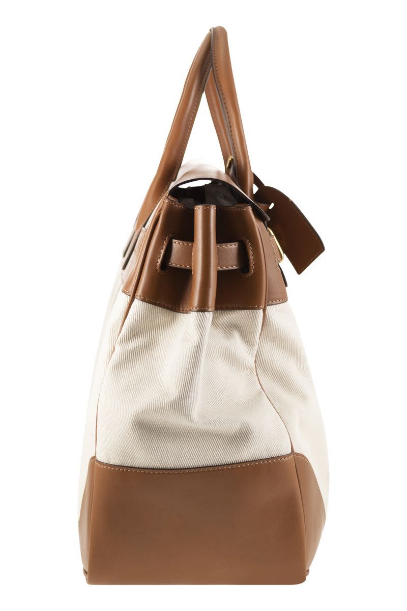 Shop Brunello Cucinelli Country Bag In Leather And Fabric In Milk