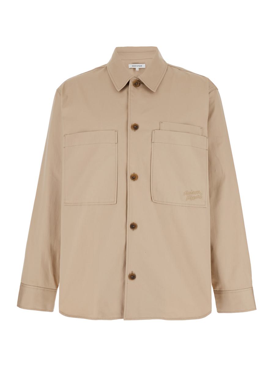 Shop Maison Kitsuné Beige Overshirt With Pockets  In Cotton Man