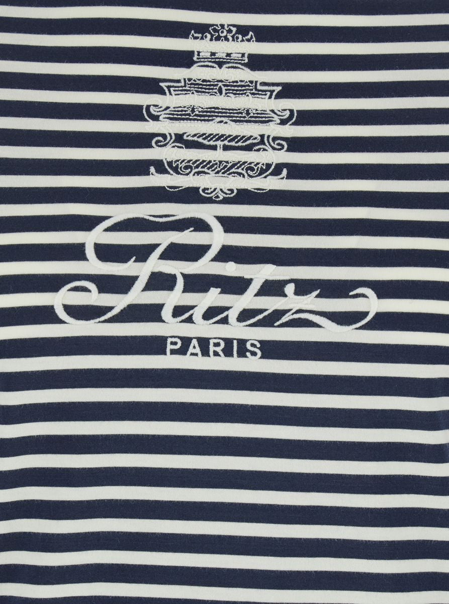 Frame X Ritz Paris Blue Crewneck T-shirt With Logo Print On The Front And All-over Striped Motif In Cotton Woman In Blue