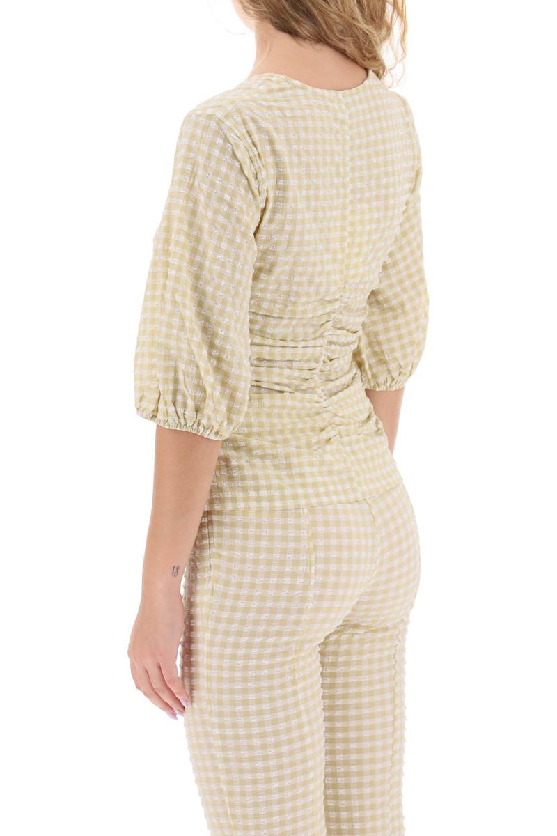 Shop Ganni Gathered Blouse With Gingham Motif In Bianco
