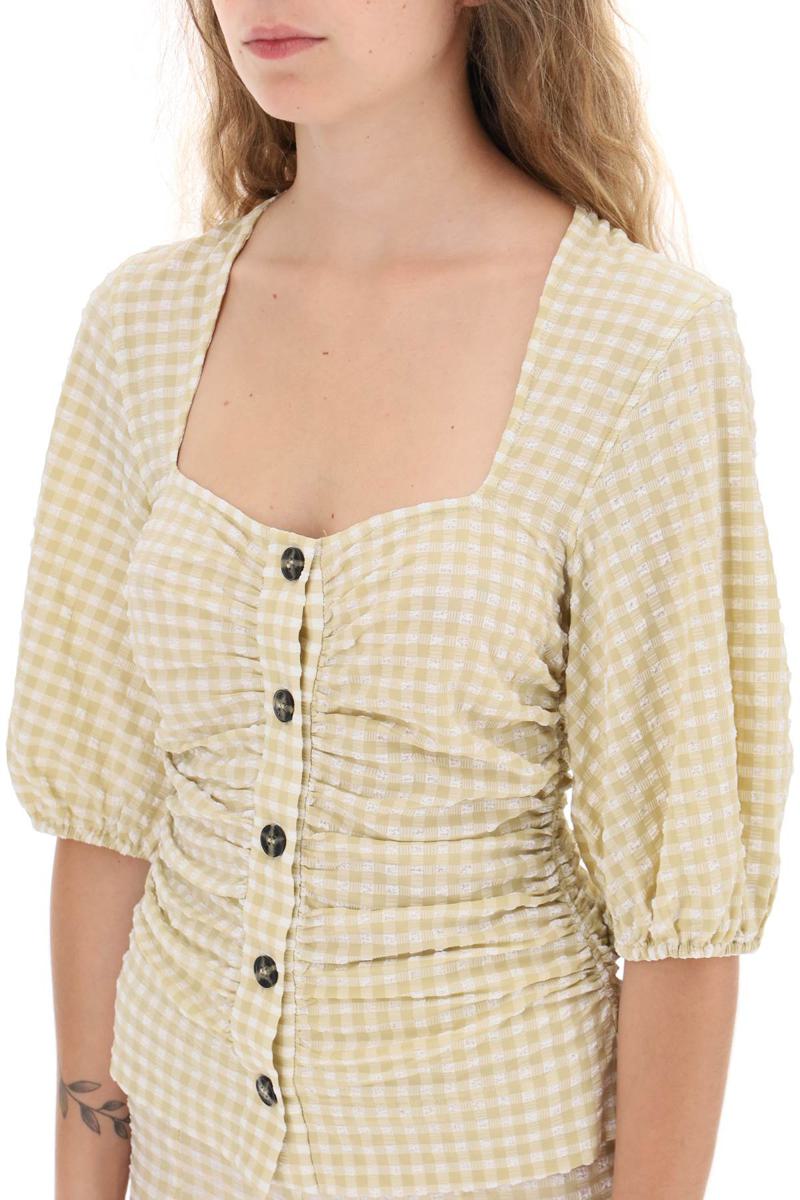 Shop Ganni Gathered Blouse With Gingham Motif In Bianco